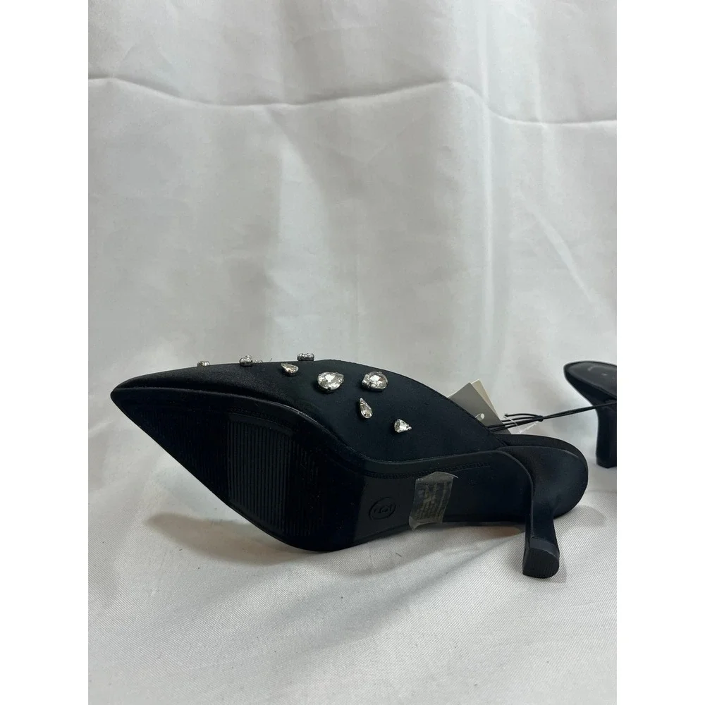 A New Day Womens Black Satin Rhinestone Pointed Toe Kitten Heel Mules Size 6 - Picture 5 of 6